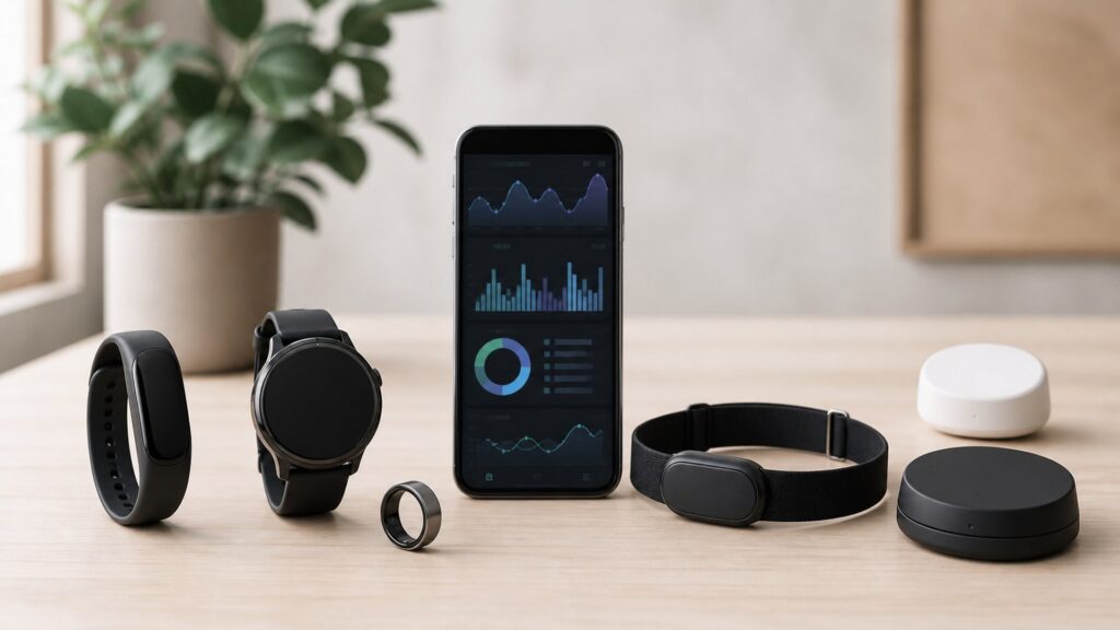 Unbranded stress tracking wearables products arranged for a careful buying comparison