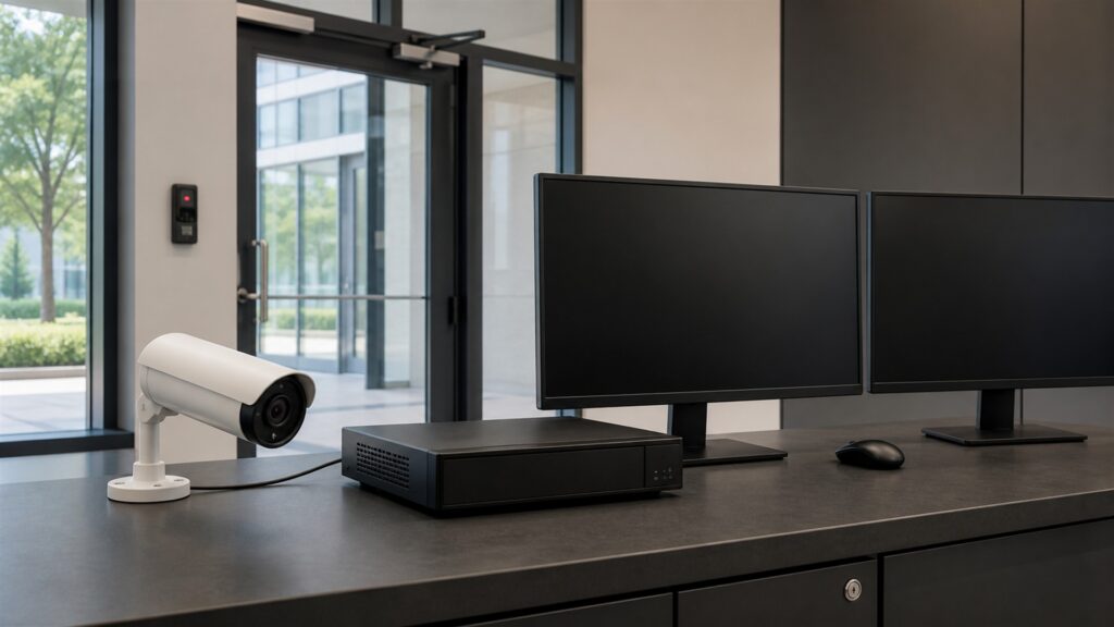 unbranded commercial security cameras, network video recorder, blank monitoring screens, and neat cabling in a professional security room for a access management buying decision