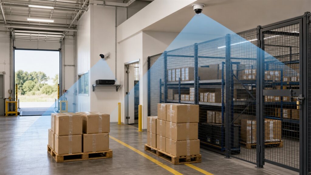 unbranded commercial security cameras, network video recorder, blank monitoring screens, and neat cabling in a professional security room for a inventory protection buying decision