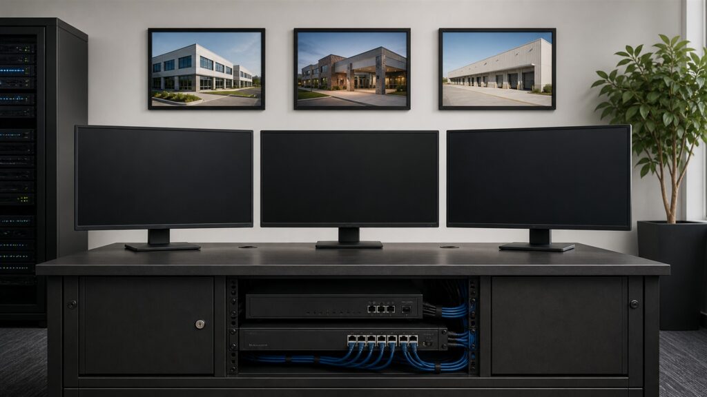 unbranded commercial security cameras, network video recorder, blank monitoring screens, and neat cabling in a professional security room for a multi-site security buying decision