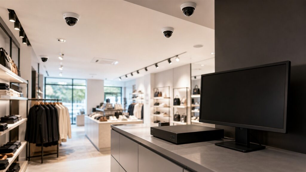 unbranded commercial security cameras, network video recorder, blank monitoring screens, and neat cabling in a professional security room for a retail stores buying decision