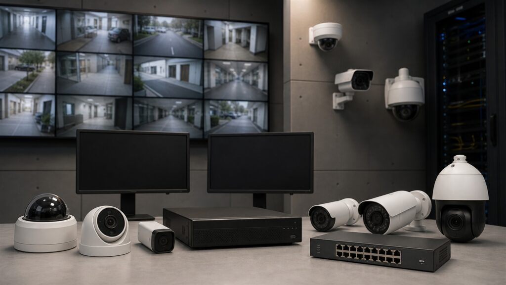 unbranded commercial security cameras, network video recorder, blank monitoring screens, and neat cabling in a professional security room for a general selection buying decision
