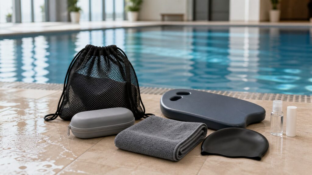 swim accessories for travel pools arranged in a practical buyer guide scene