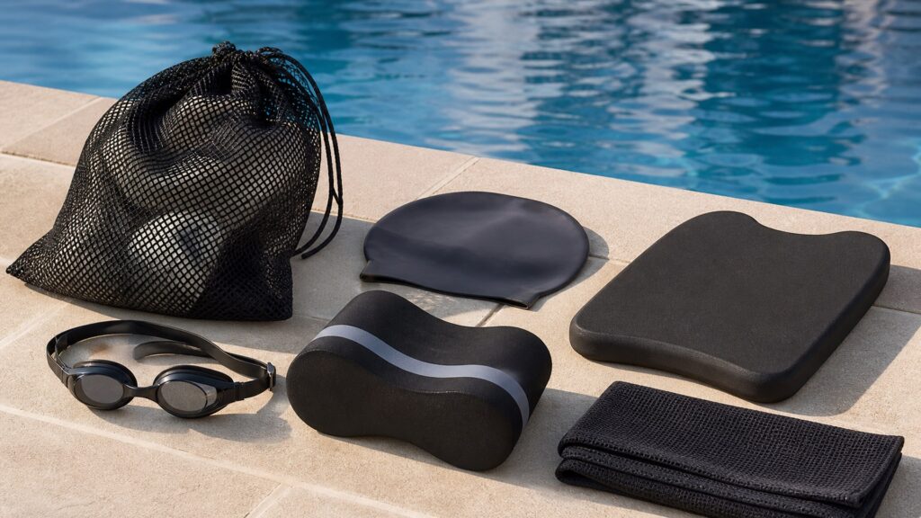 swim accessories for triathlon prep arranged in a practical buyer guide scene