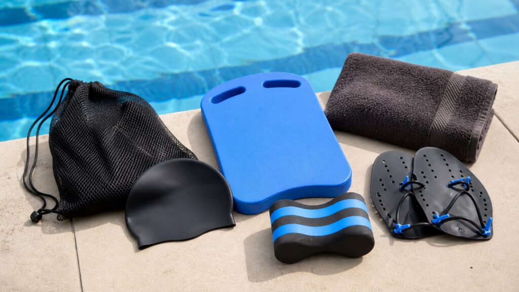 swim accessories for overall use arranged in a practical buyer guide scene