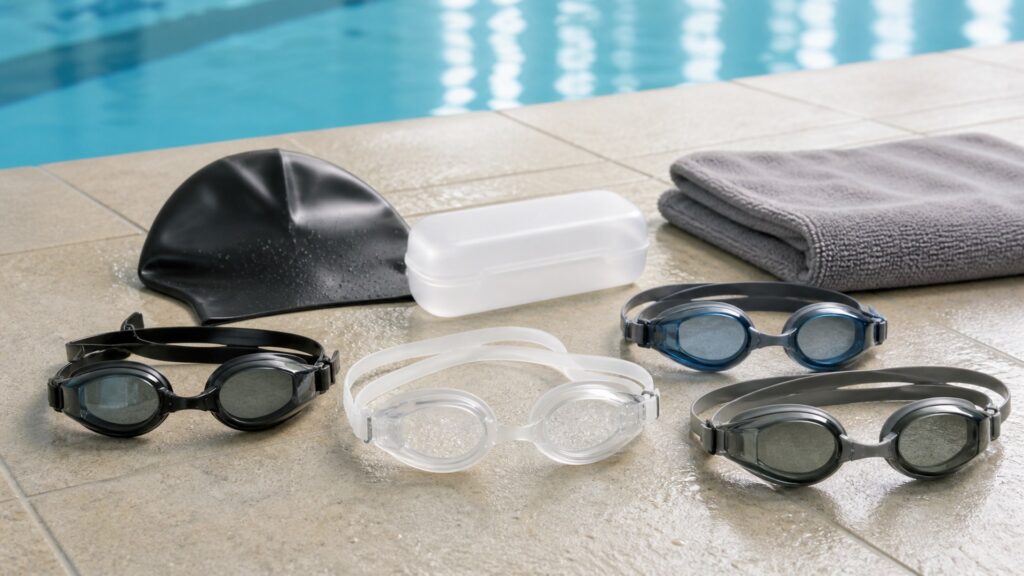 swim goggles for lap swimming arranged in a practical buyer guide scene