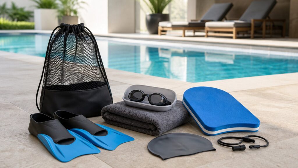 swim training gear for travel pools arranged in a practical buyer guide scene