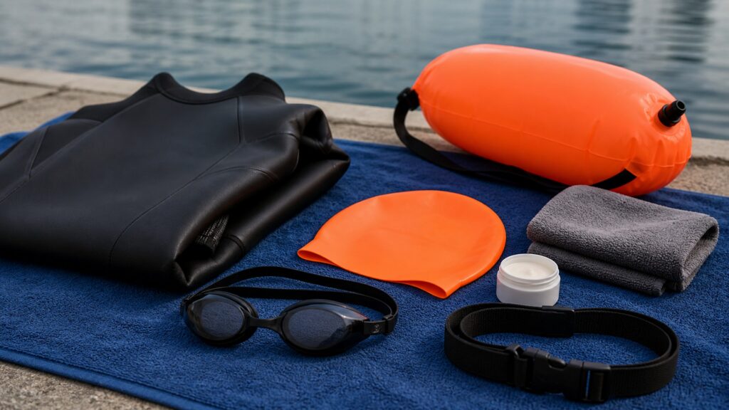 swimming gear for triathletes arranged in a practical buyer guide scene