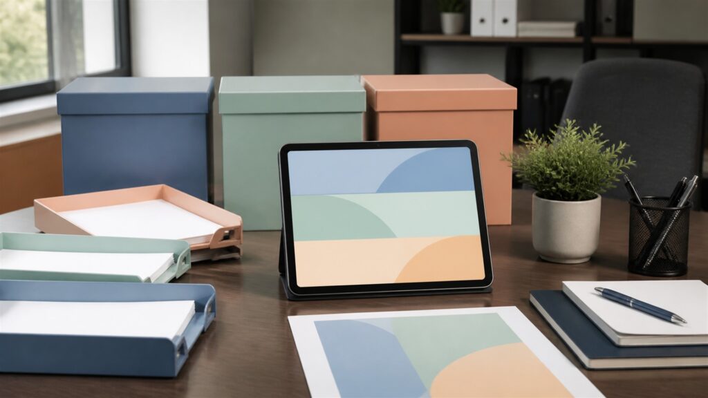 tax professionals reviewing unbranded document packets and filing workflow on blank screens for a multi-entity books buying decision