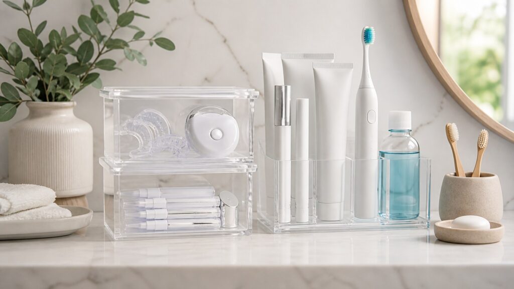 Unbranded editorial arrangement illustrating Teeth Whitening Buying Guide for Family Bathrooms
