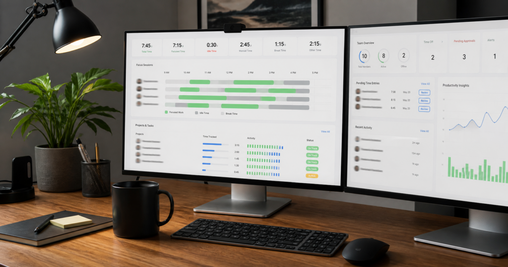 Ultra photorealistic time tracking software hero image for Time Doctor Review for Remote Employee Time Tracking Software