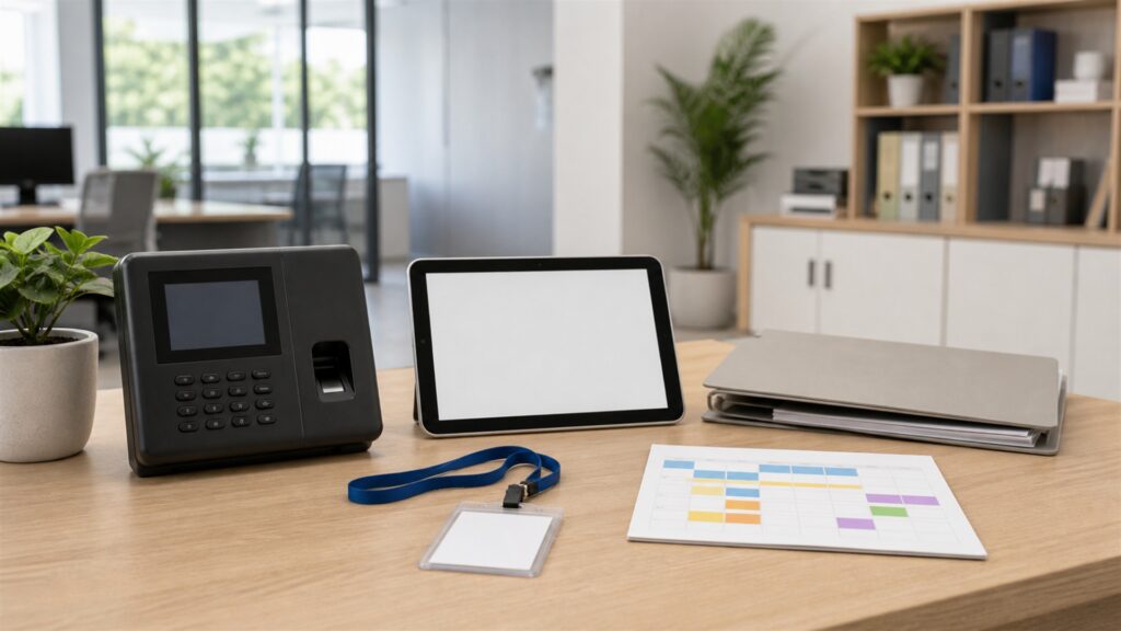 unbranded timekeeping workspace with one realistic clock terminal, blank timesheet screen, schedule cards, employee badge, and payroll approval folder for a hiring workflows buying decision