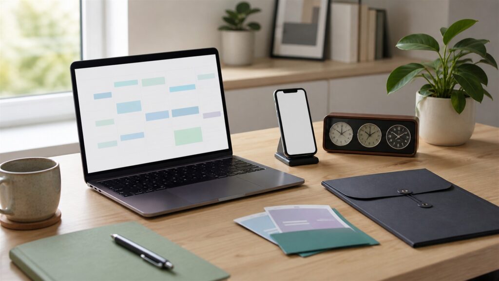 unbranded timekeeping workspace with one realistic clock terminal, blank timesheet screen, schedule cards, employee badge, and payroll approval folder for a remote staff buying decision