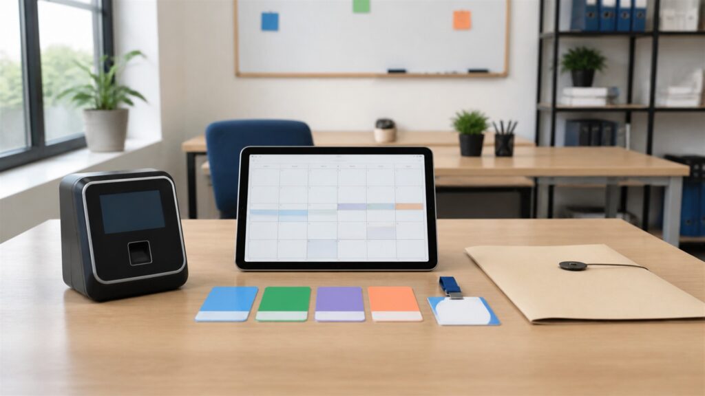 unbranded timekeeping workspace with one realistic clock terminal, blank timesheet screen, schedule cards, employee badge, and payroll approval folder for a small teams buying decision
