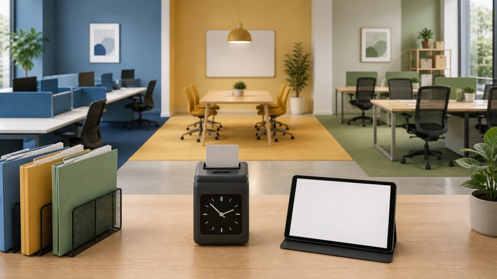 unbranded timekeeping workspace with one realistic clock terminal, blank timesheet screen, schedule cards, employee badge, and payroll approval folder for a timekeeping buying decision