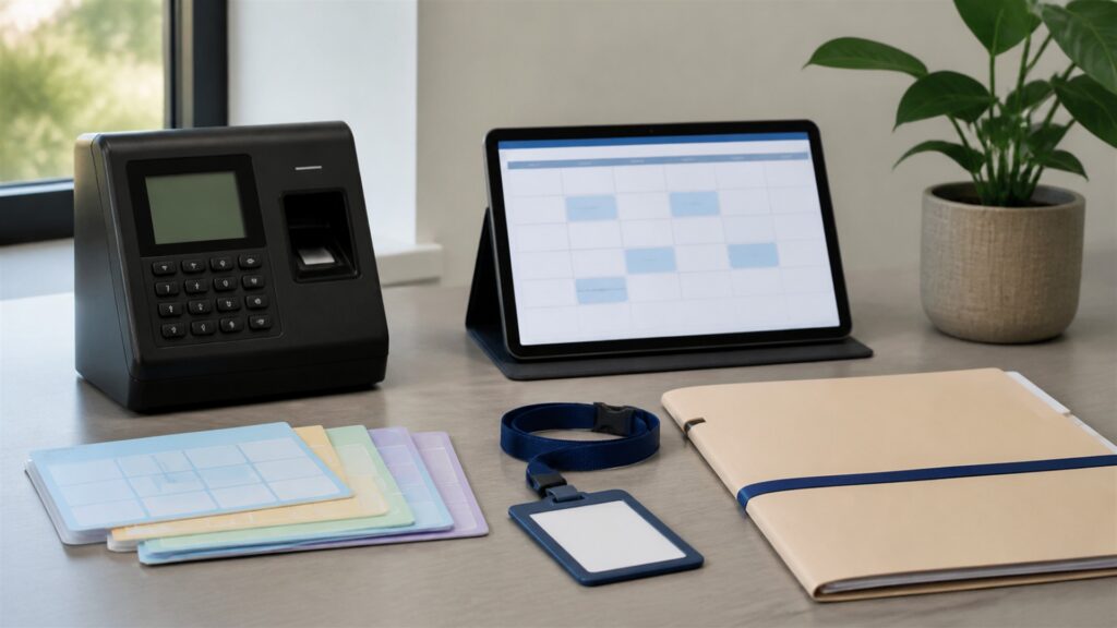 unbranded timekeeping workspace with one realistic clock terminal, blank timesheet screen, schedule cards, employee badge, and payroll approval folder for a general selection buying decision