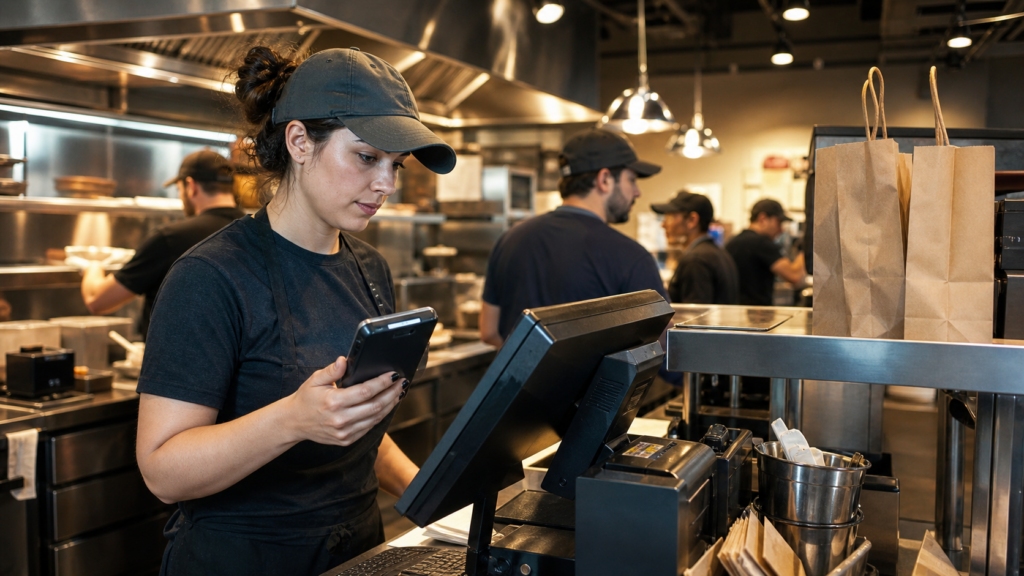Ultra photorealistic restaurant POS hero image for Toast POS Review for Quick Service Restaurant POS