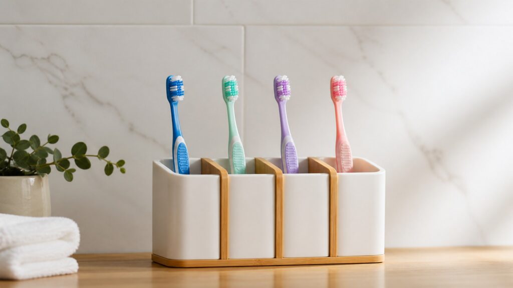 Unbranded editorial arrangement illustrating Toothbrushes Buying Guide for Family Bathrooms