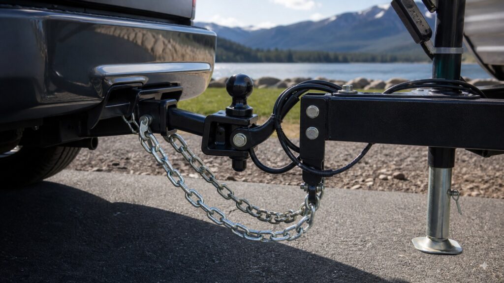 trailer safety chains shopping setup for rv and boat towing with practical vehicle-focused details