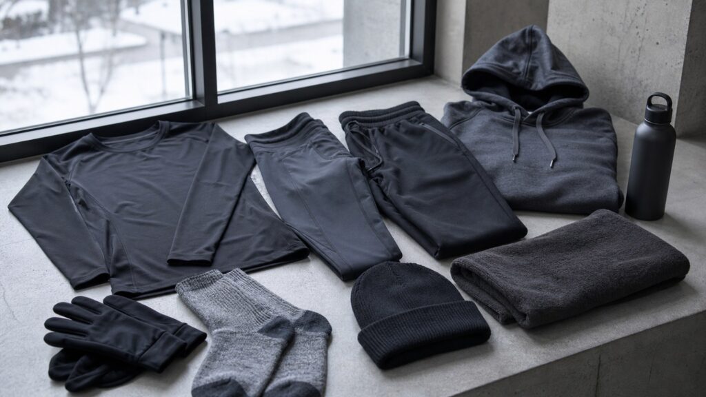 training clothing for cold weather arranged in a practical buyer guide scene
