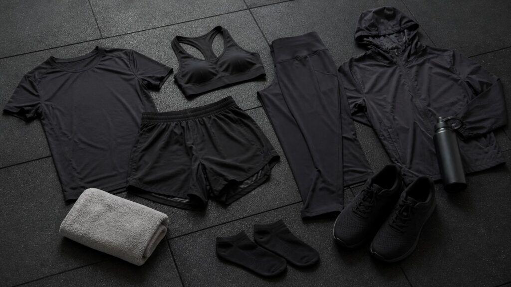 training clothing for overall use arranged in a practical buyer guide scene