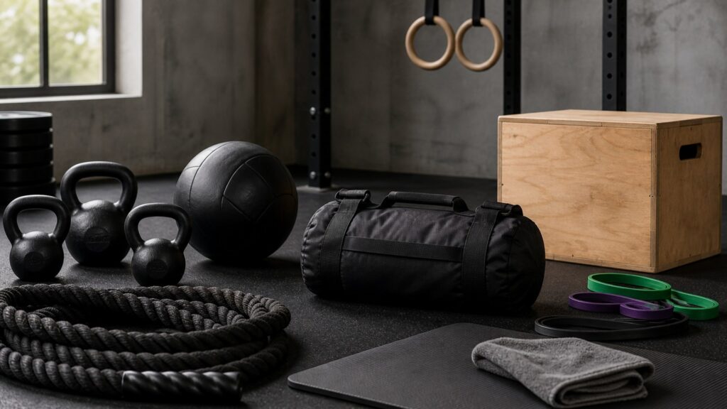 training equipment for functional fitness arranged in a practical buyer guide scene