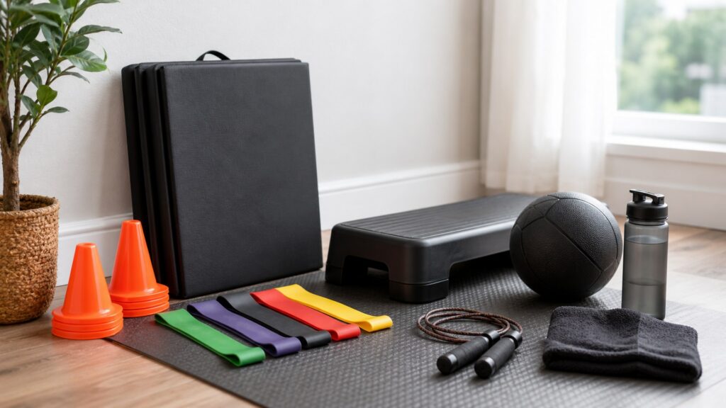 training equipment for home workouts arranged in a practical buyer guide scene