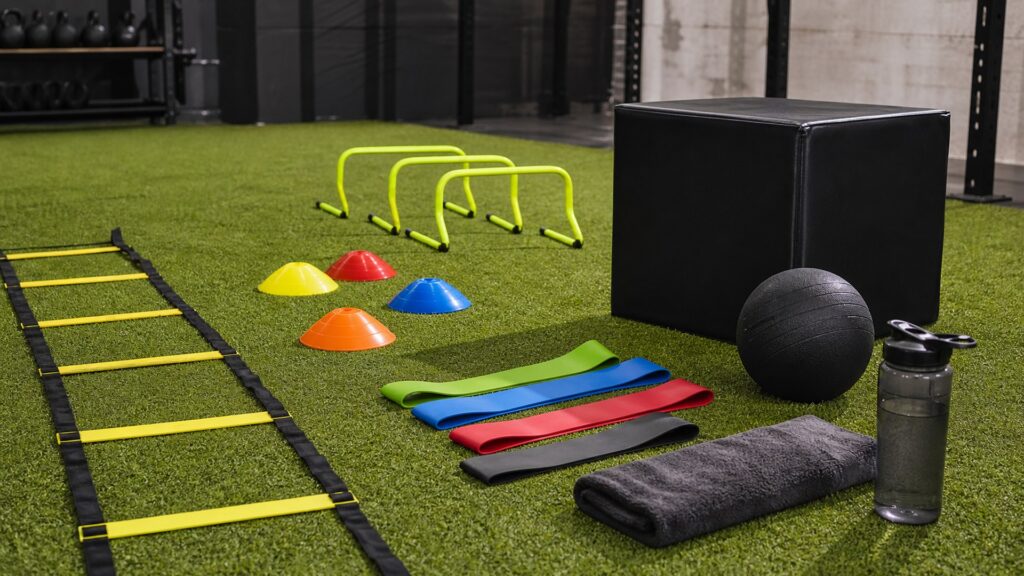 training equipment for overall use arranged in a practical buyer guide scene