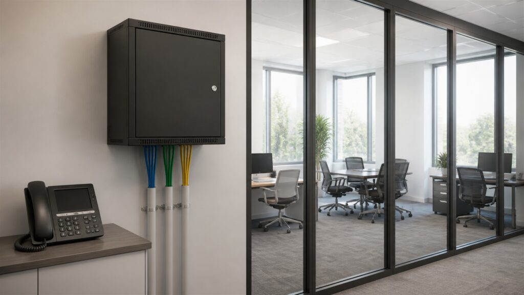 unbranded business desk phone, smartphone, laptop with blank screen, and compact voice gateway on a clean office desk for a call routing buying decision