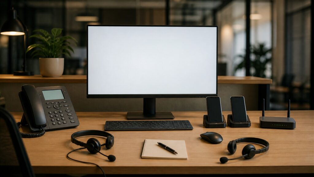 unbranded business desk phone, smartphone, laptop with blank screen, and compact voice gateway on a clean office desk for a customer support teams buying decision