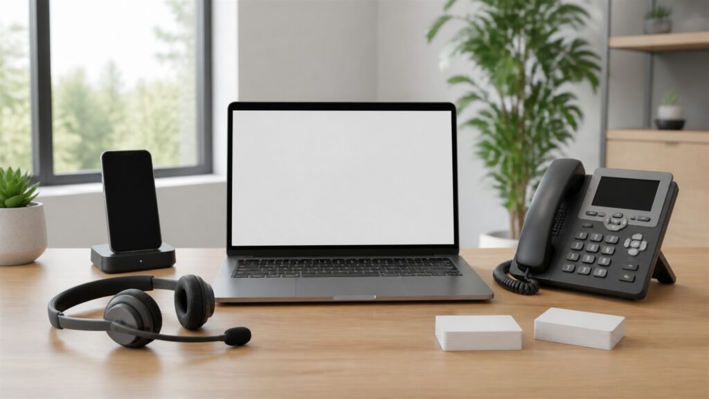 unbranded business desk phone, smartphone, laptop with blank screen, and compact voice gateway on a clean office desk for a sales calls buying decision