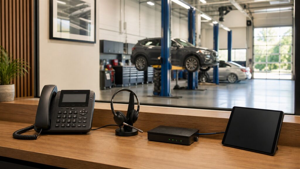 unbranded business desk phone, smartphone, laptop with blank screen, and compact voice gateway on a clean office desk for a service businesses buying decision