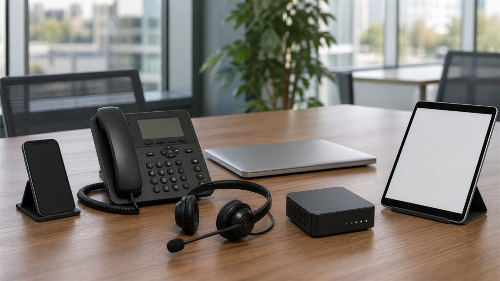 unbranded business desk phone, smartphone, laptop with blank screen, and compact voice gateway on a clean office desk for a general selection buying decision