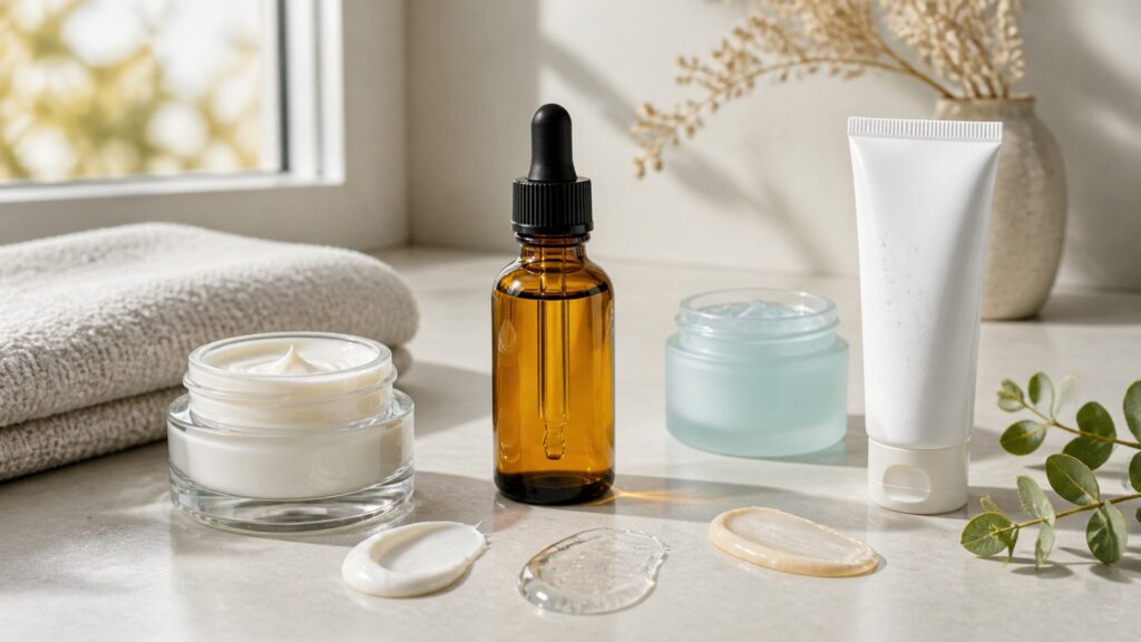 Amber vitamin C serum bottle with moisturizer, gel cream, sunscreen, and skincare texture swatches in daylight
