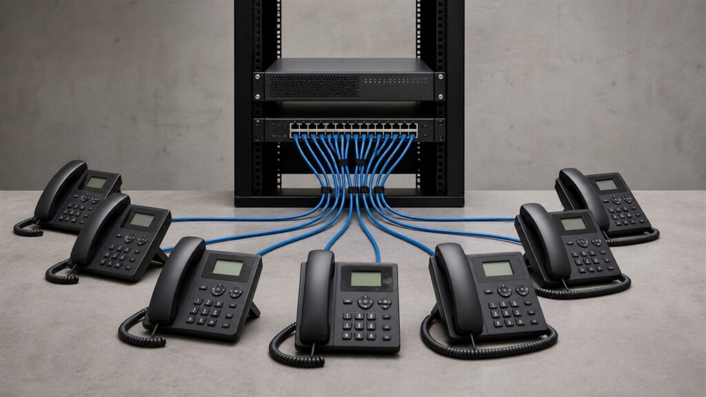 unbranded IP desk phones, PoE network switch, voice gateway, headset, and neat Ethernet cables in a professional office for a call routing buying decision