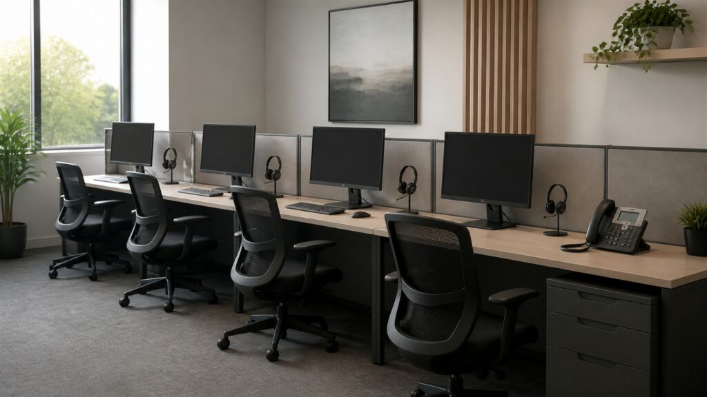 unbranded IP desk phones, PoE network switch, voice gateway, headset, and neat Ethernet cables in a professional office for a customer support teams buying decision
