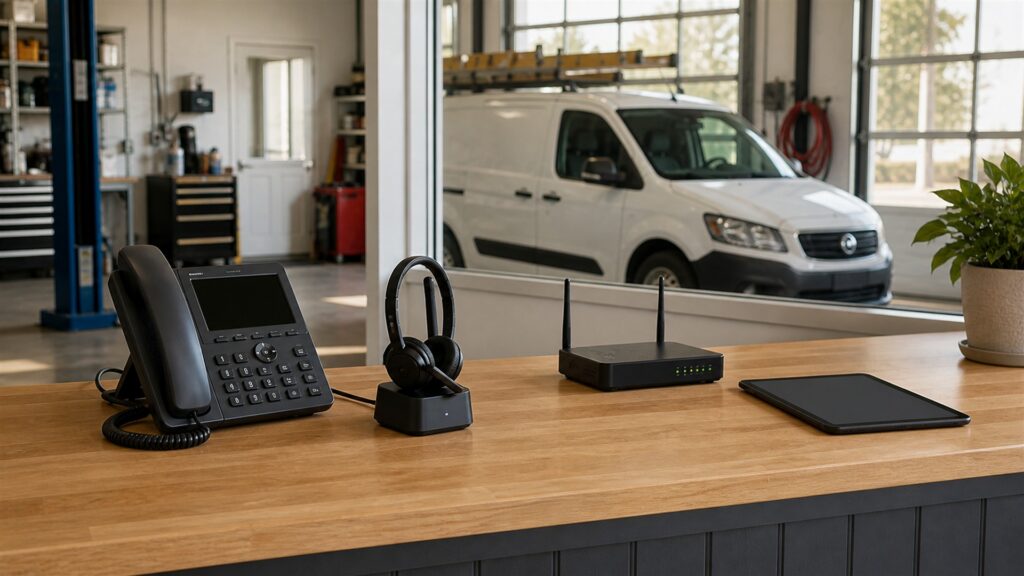 unbranded VoIP desk phone, wireless headset in a charging stand, network gateway, and tablet at an automotive service business dispatch counter