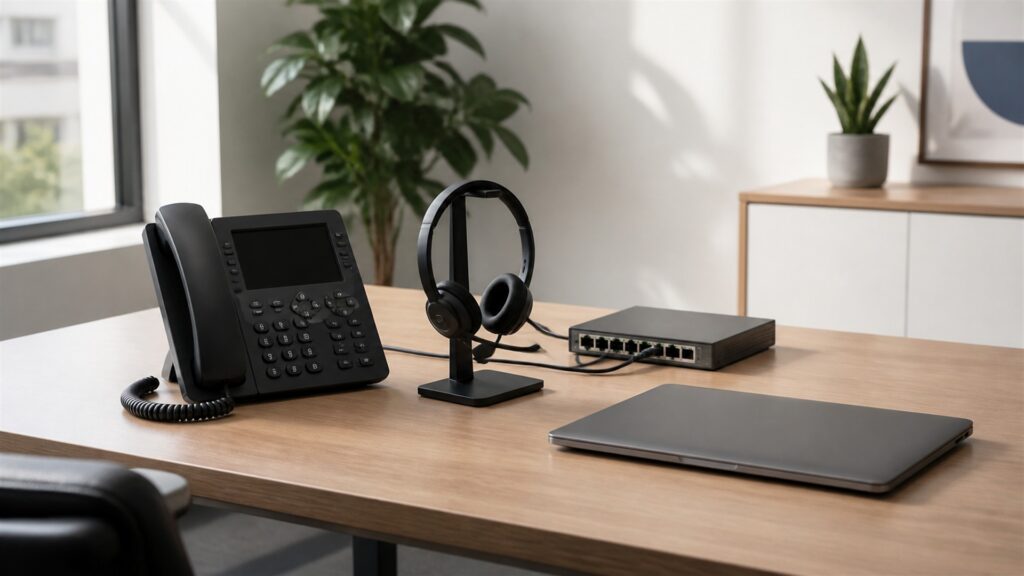unbranded IP desk phones, PoE network switch, voice gateway, headset, and neat Ethernet cables in a professional office for a general selection buying decision