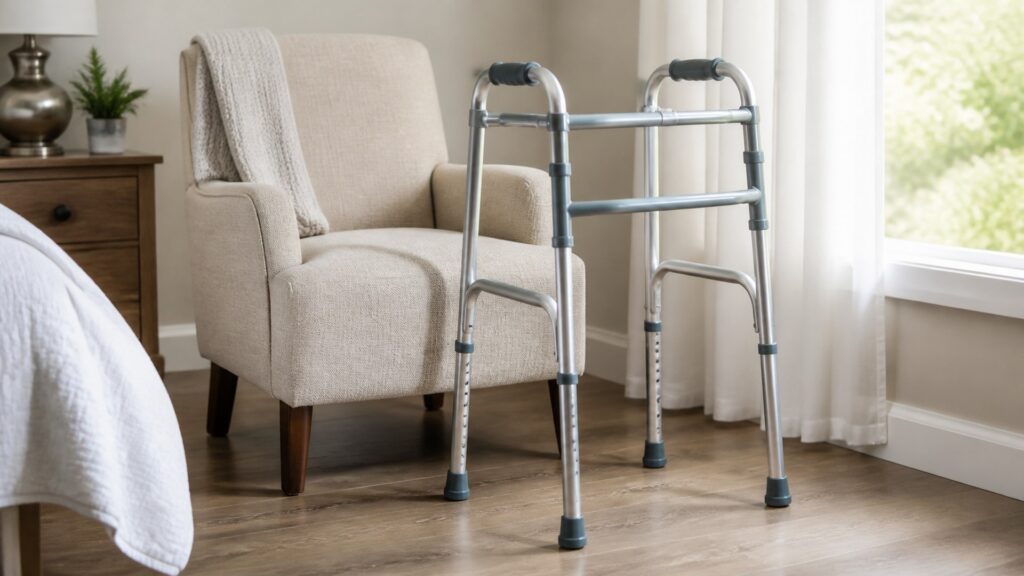 photorealistic walker beside a chair showing grip comfort and fit details