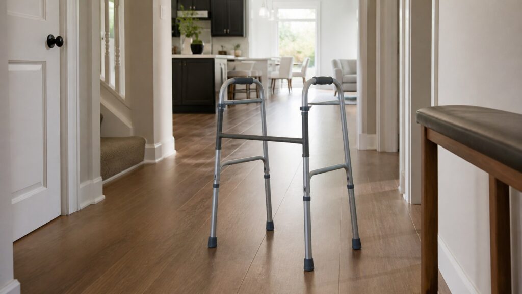photorealistic walker positioned in a home hallway for daily movement and room clearance