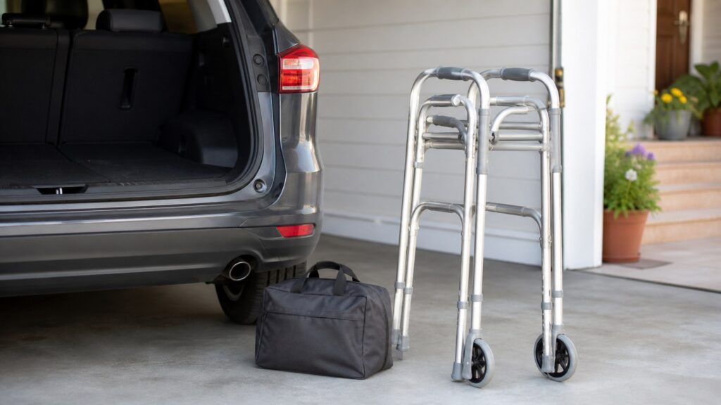photorealistic folded walker beside a car trunk for travel and storage planning