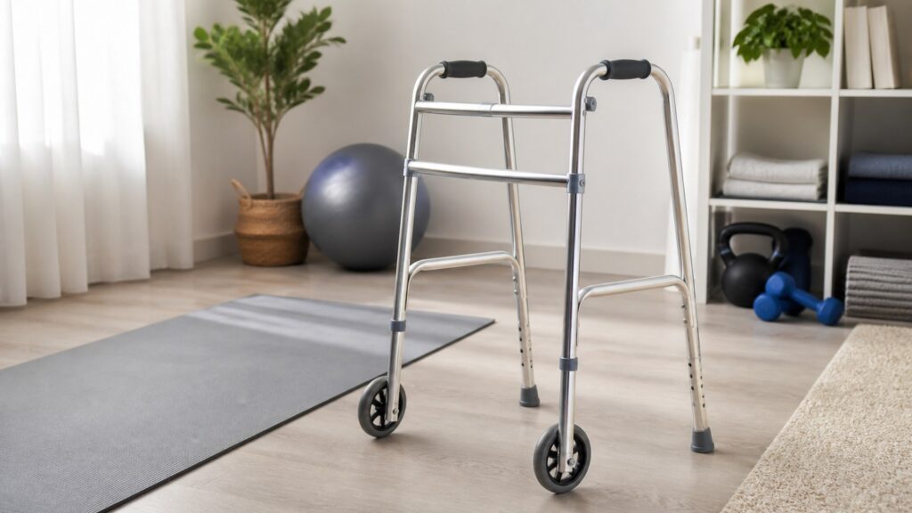 photorealistic front-wheel walker in a home recovery and exercise routine area