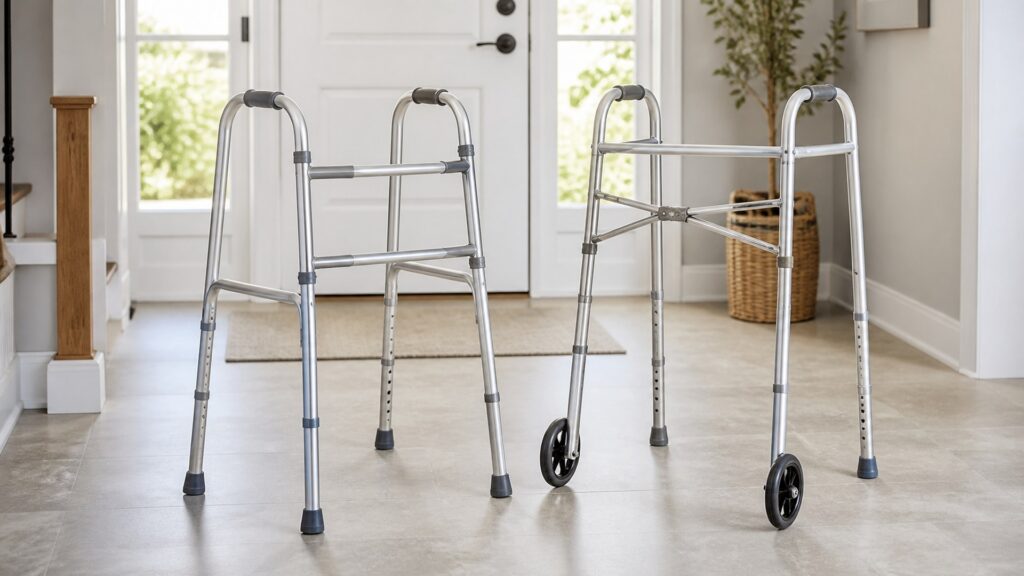 photorealistic standard and front-wheel walkers arranged for a home buying comparison