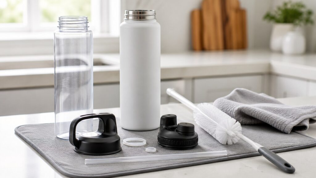 water bottles for easy cleaning arranged in a practical buyer guide scene