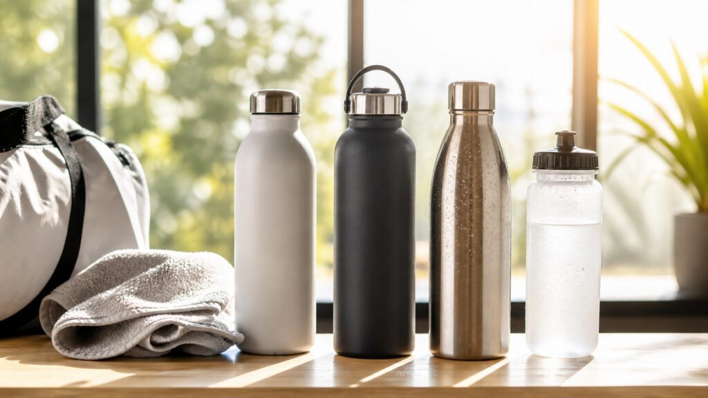 water bottles for hot weather hydration arranged in a practical buyer guide scene