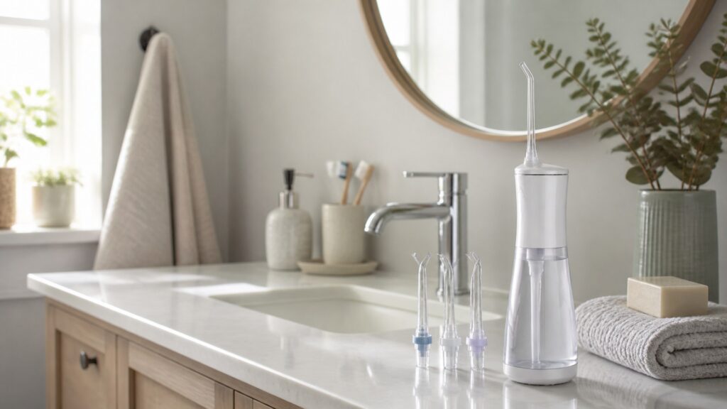 Unbranded editorial arrangement illustrating Water Flossers Buying Guide for Family Bathrooms