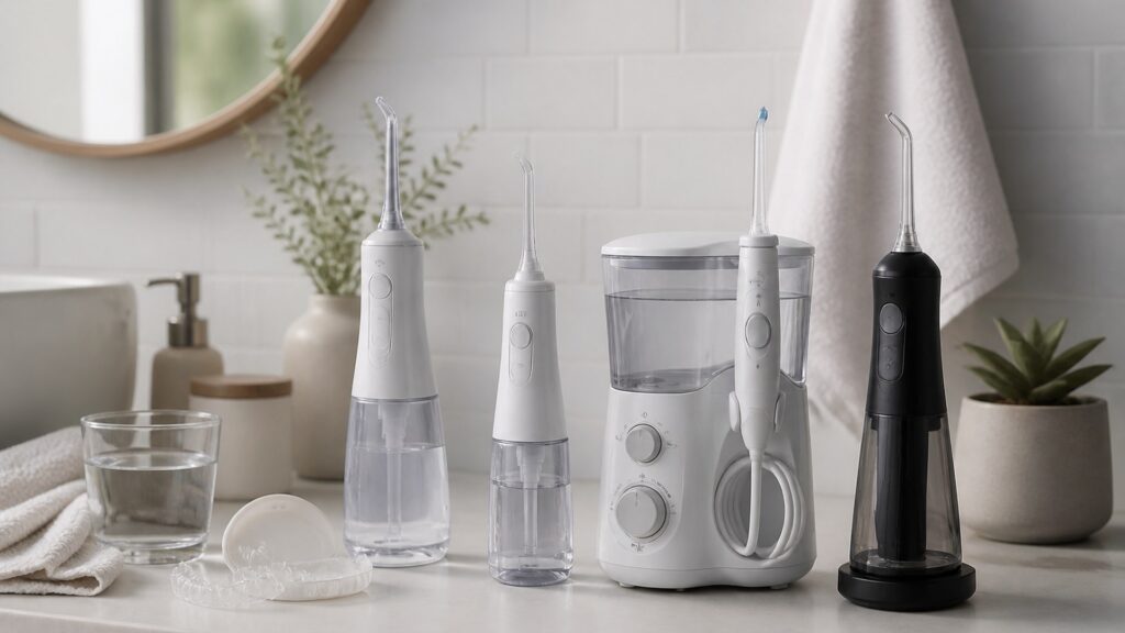Unbranded editorial arrangement illustrating Water Flossers Buying Guide for Orthodontic Care