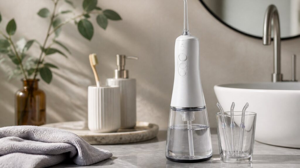 Unbranded editorial arrangement illustrating Water Flossers Buying Guide for Whitening Routines