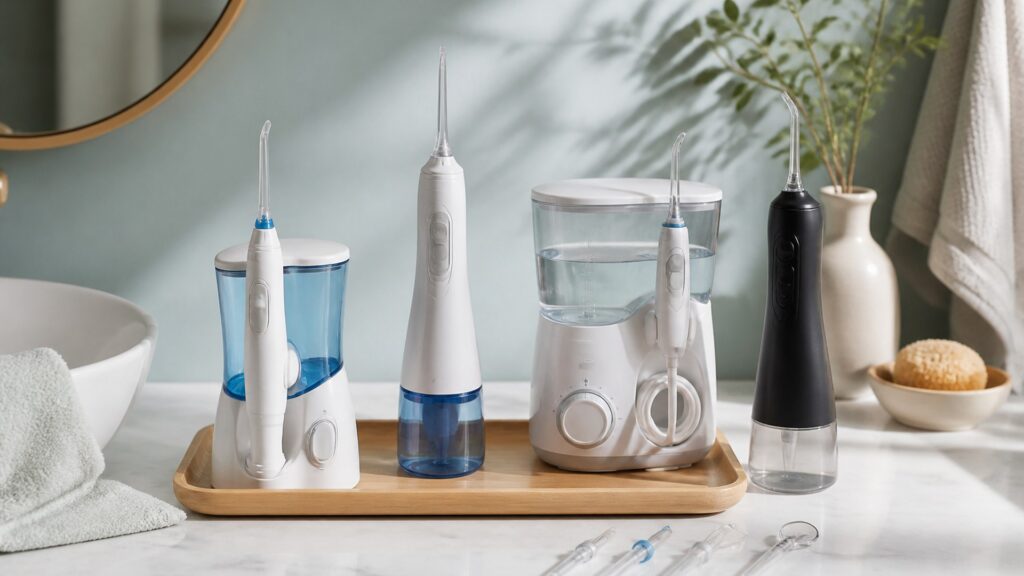 Unbranded editorial arrangement illustrating Water Flossers Buying Guide: How to Choose the Right One