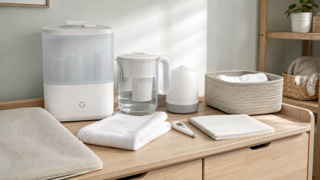 generic water and hygiene health devices with water filter pitcher, sanitizer case, cleaning brush, cloth, and notebook